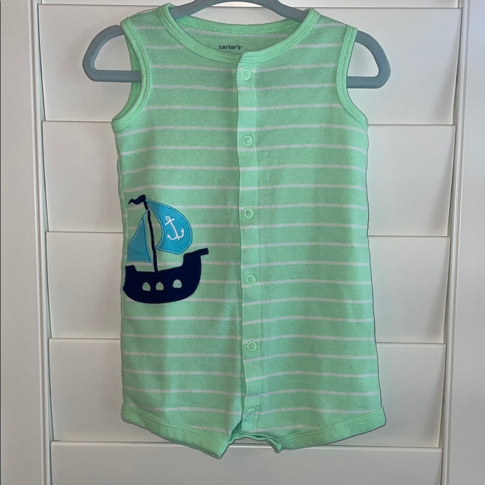 Carter's Mint Striped Romper with Blue Sailboat